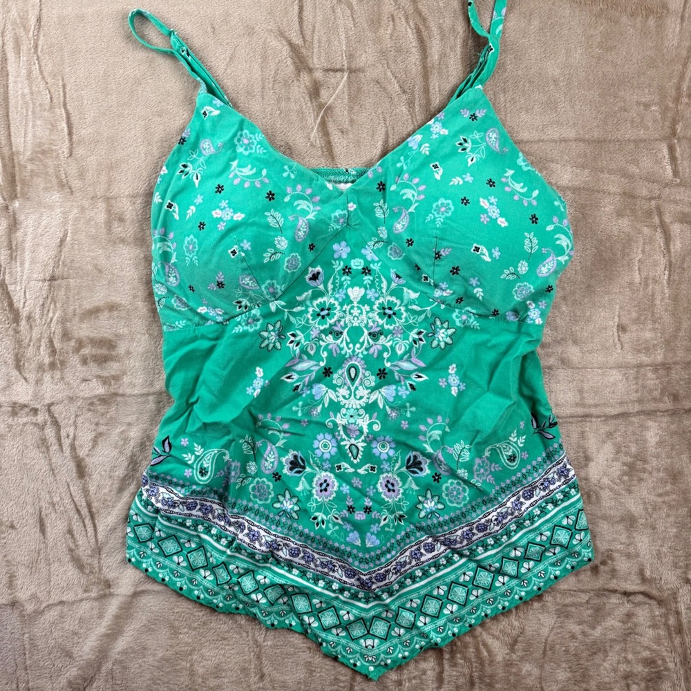 Green Paisley Floral Handkerchief Hem Cami Tank Top Western Coastal Festival
